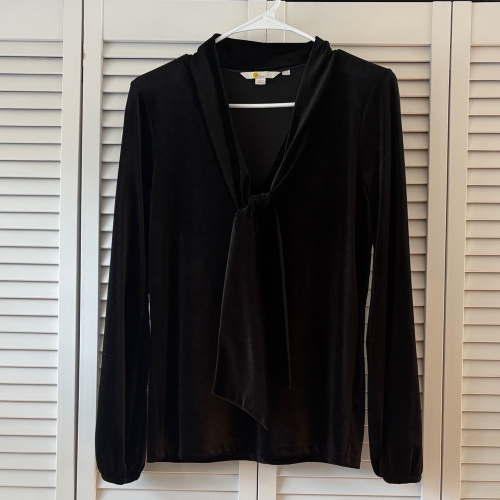 Boden Black Velvet Tie-Neck Blouse